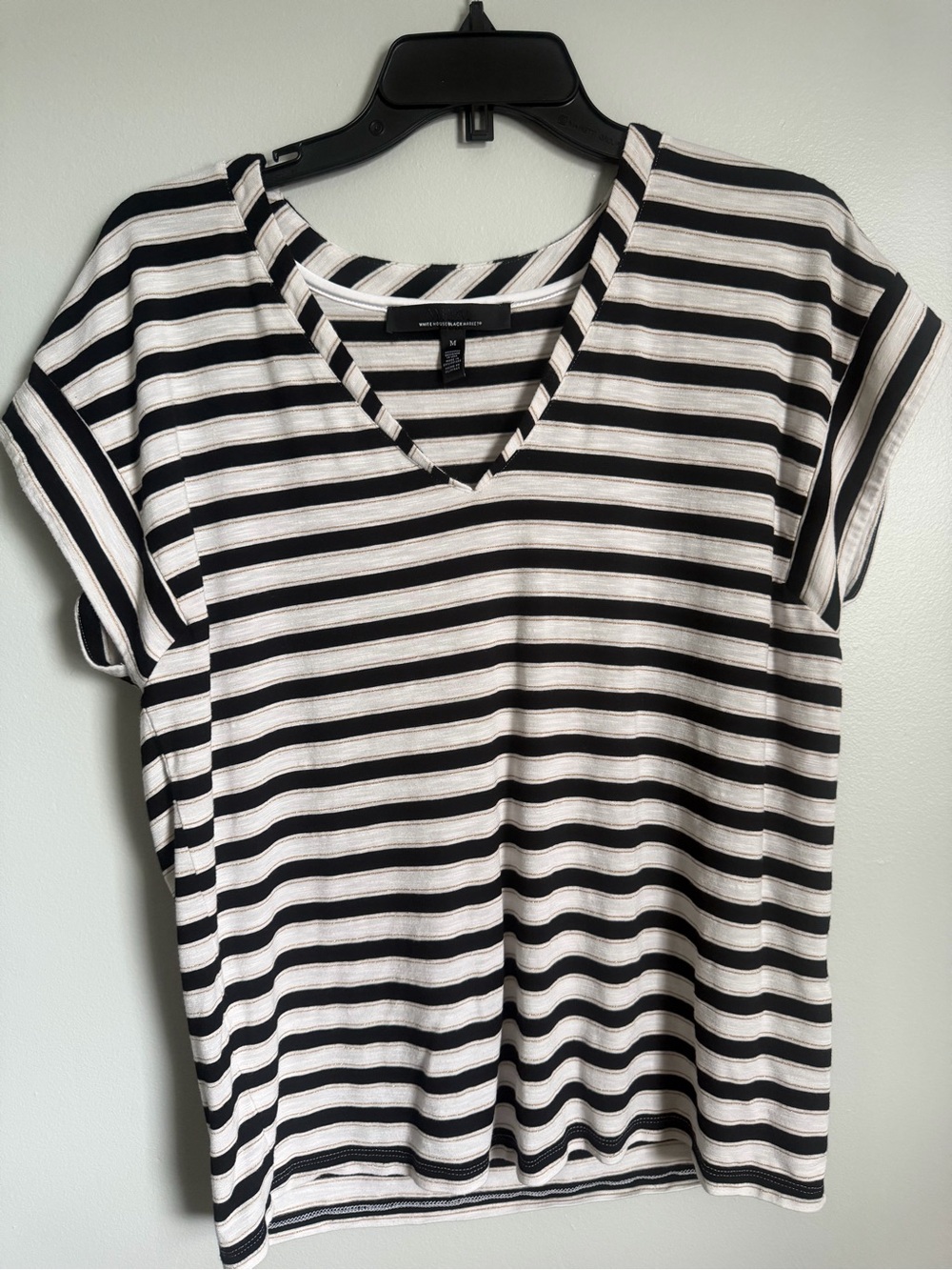 White House Black Market Black and White Striped  Gold Accents V-Neck Blouse M